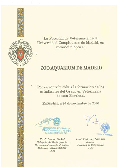 Facultad Veterinaria UCM reconocimiento a Zoo Aquarium de Madrid Diploma