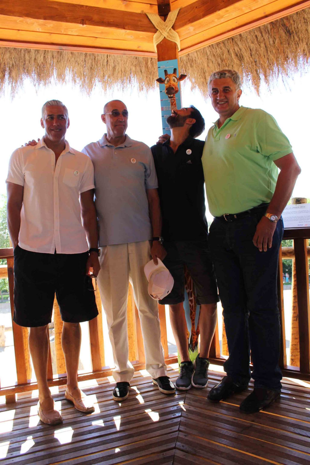 Celebración del Día Mundial de la Jirafa con el apadrinamiento de los veteranos de baloncesto del Real Madrid Fernando Romay, Rafael Rullán, Darío Quesada, Zan Tabak y Joe Arlauckas a las crías de jirafa Masai y Kenia, nacidas en abril 2014, para concienciar sobre la importancia de su conservación, coincidiendo con el día más largo dedicado al animal de cuello más extenso. Archivo Zoo de Madrid.